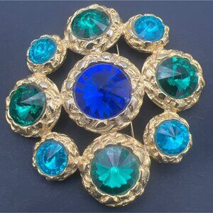 Vintage Dauplaise Brooch Royal Blue Aqua & Green Ravoli‎ Rhinestones Cluster 3"